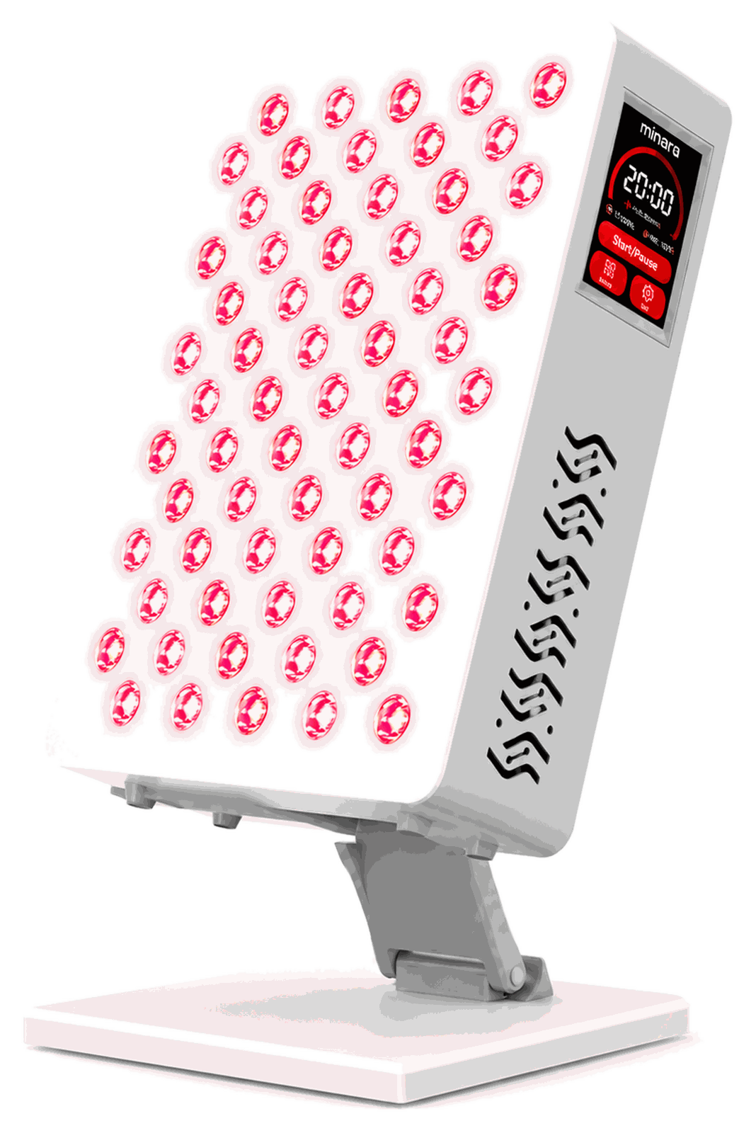 minara red light therapy panel, three-quarter view with emitters illuminated
